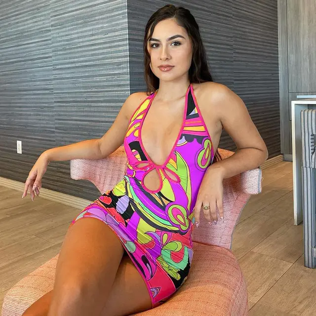 Printed Hollow Deep V neck Sleeveless Halterneck Dress Purple - Shop at LoveMi