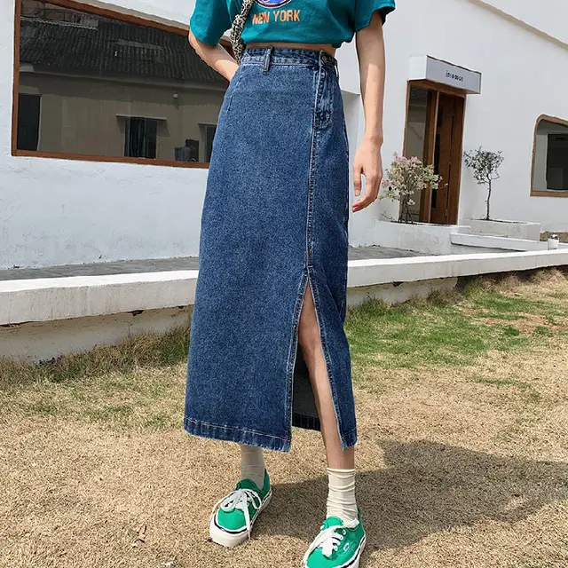 Women's High Waist Split Denim Skirt Blue - Shop at LoveMi