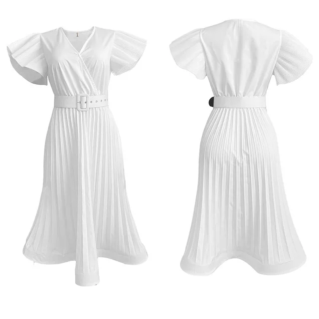 V neck Pleated Cross border Dress With Flying Sleeves White - Shop at LoveMi
