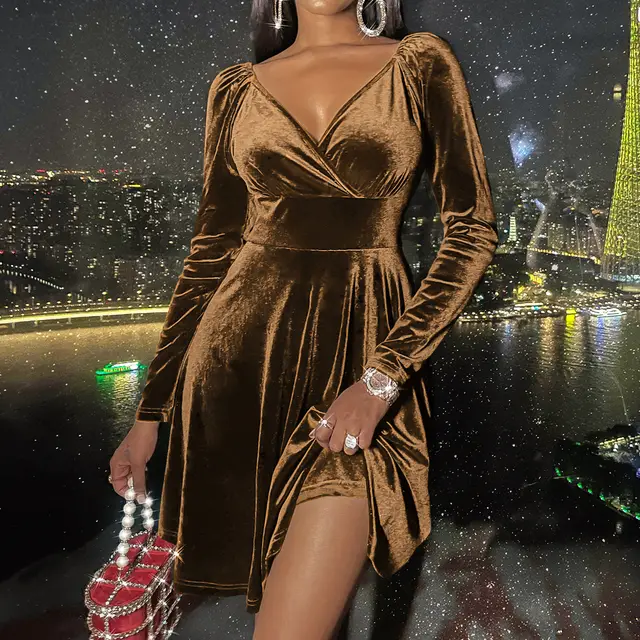 Explosive V neck Velvet Ladies Dress Brown - Shop at LoveMi