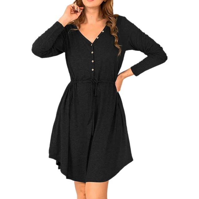 Pure Color V neck Fashion Long Sleeve Button Belt Dress Black Grey - Shop at LoveMi
