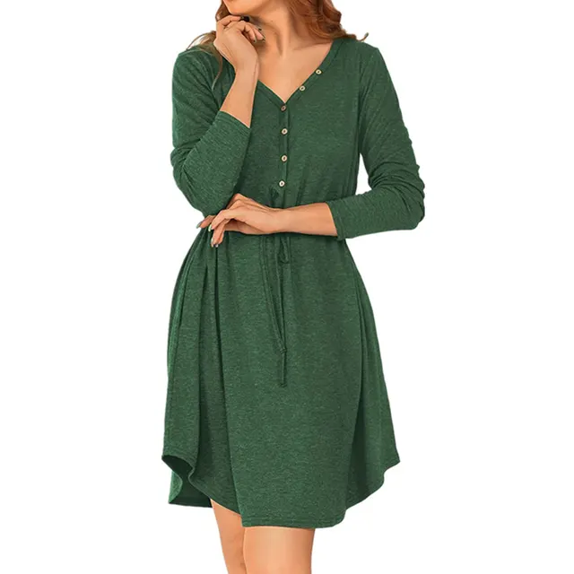 Pure Color V neck Fashion Long Sleeve Button Belt Dress Green - Shop at LoveMi