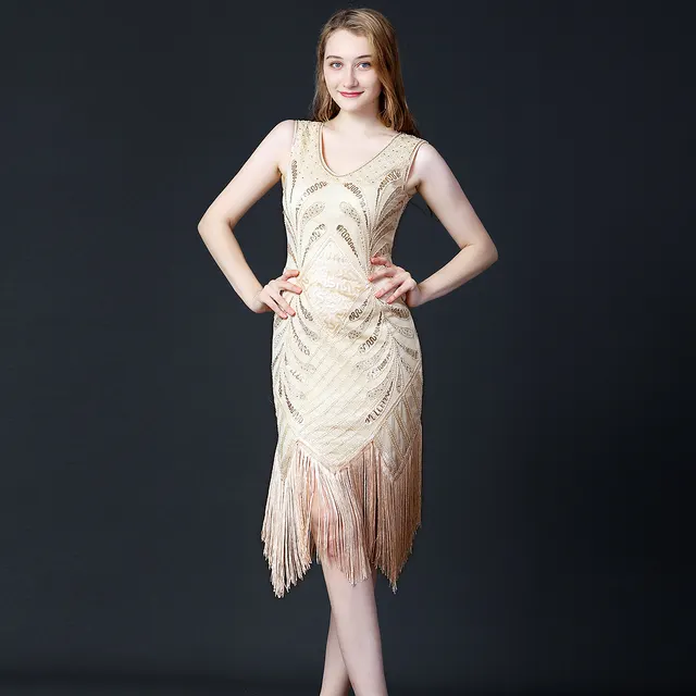 Party Sequins Fringed Dance Skirt Double V neck Sleeveless Apricot Gold - Shop at LoveMi
