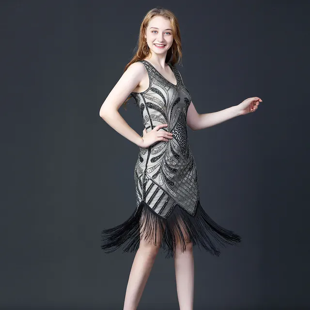 Party Sequins Fringed Dance Skirt Double V neck Sleeveless Black Apricot - Shop at LoveMi