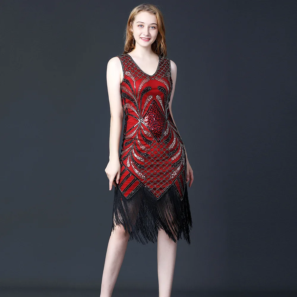 Party Sequins Fringed Dance Skirt Double V-neck Sleeveless - Scarlet - View 1