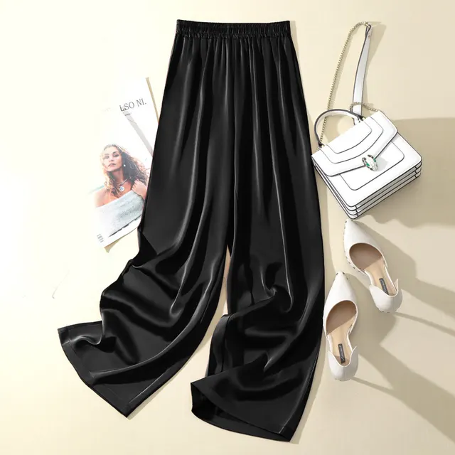 Women's Solid Color Acetate Silk Satin Straight leg Pants Black Trousers - Shop at LoveMi