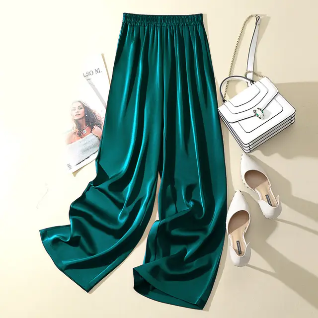 Women's Solid Color Acetate Silk Satin Straight leg Pants Malachite Green Cropped Pants - Shop at LoveMi