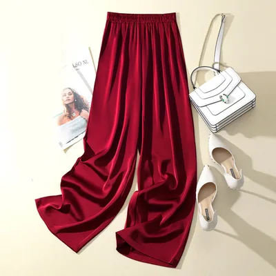 Women's Solid Color Acetate Silk Satin Straight leg Pants Red Wine Cropped Trousers - Shop at LoveMi