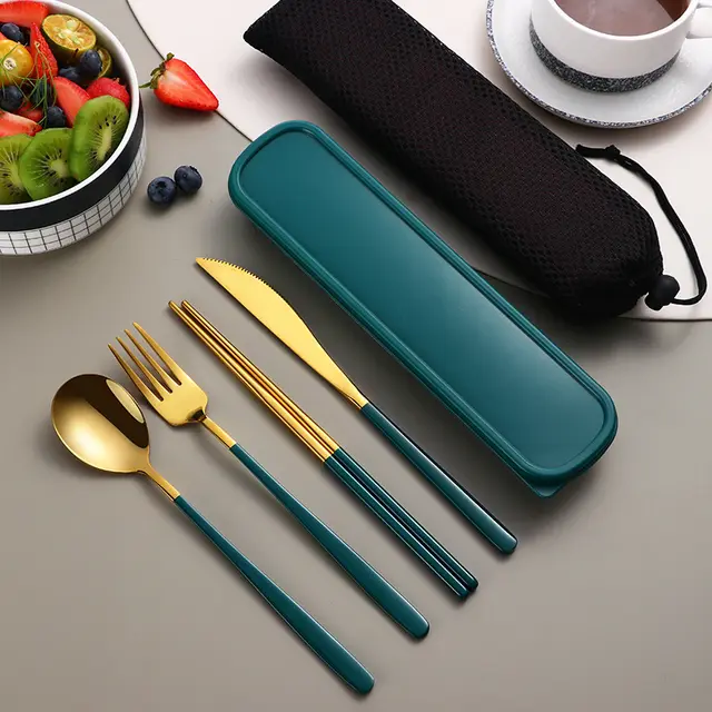 304 Dinnerware Set Flatware Kitchen Accessories Camping Travel Sets Gold Knife Fork Spoon Portable Cutlery Sets With Case Gold Dark Green - Shop at LoveMi
