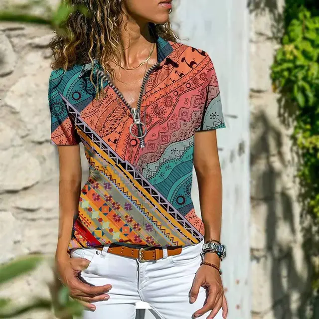 Bohemian Western Ethnic Wind Zipper Shirts With Short Sleeves - Shop at LoveMi