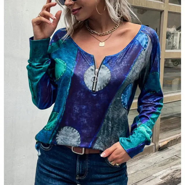 New National Style Xerography Flower Zipper Long Sleeves Blue - Shop at LoveMi
