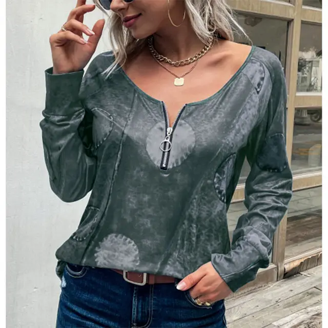 New National Style Xerography Flower Zipper Long Sleeves Grey - Shop at LoveMi
