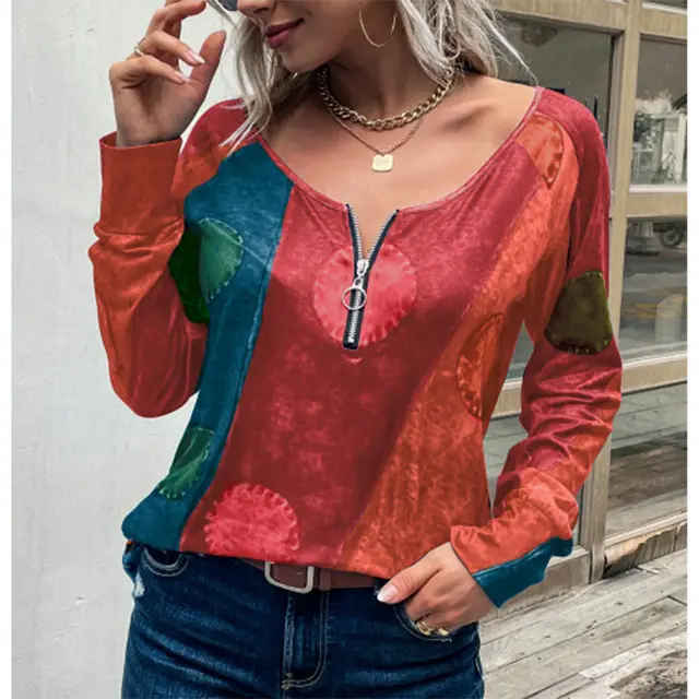 New National Style Xerography Flower Zipper Long Sleeves Red - Shop at LoveMi