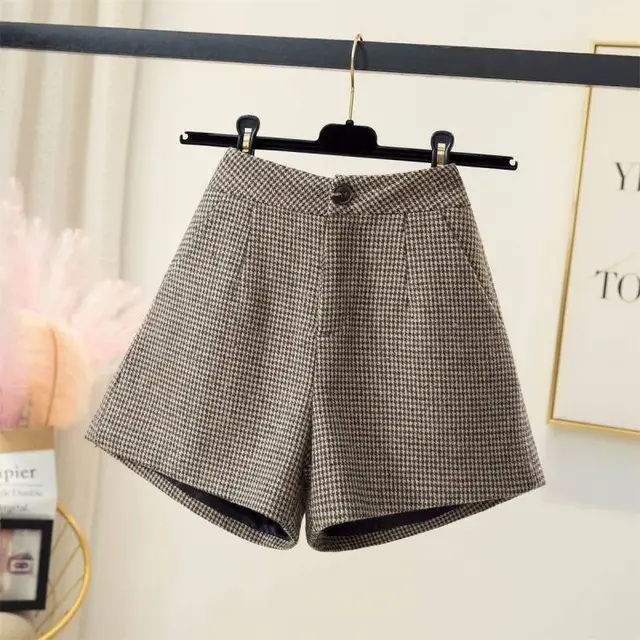 Women's Autumn And Winter Woolen High waisted Wide leg Houndstooth Shorts Coffee - Shop at LoveMi
