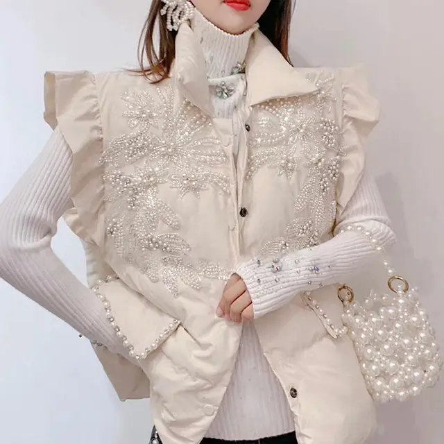 Feather Cotton Padded Vest Women Beaded Loose And Thin Warm Beige - Shop at LoveMi