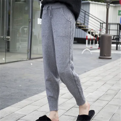 All match Knitted Harem Pants Fashion Solid Color Hemp Lace Thickening Grey - Shop at LoveMi
