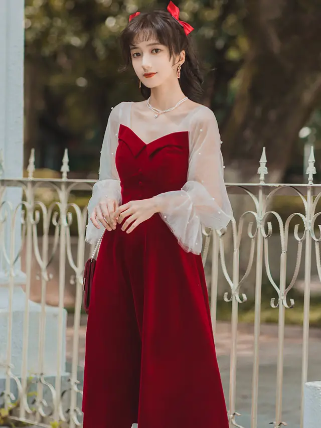 Niche Red Toast Dress Engagement Velvet Long sleeved Dress Red - Shop at LoveMi
