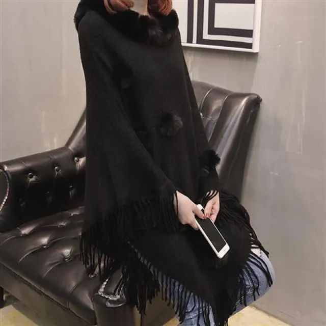 Loose Outer Wear Fur Collar Bat Shirt With Hand woven Tassels Black - Shop at LoveMi