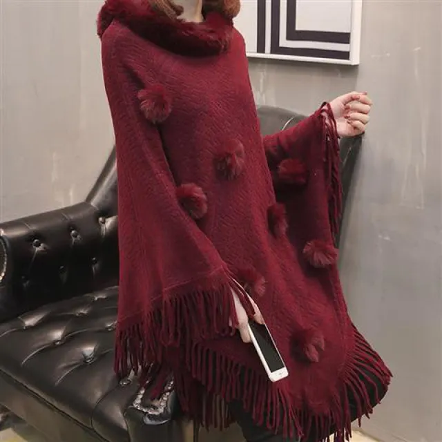 Loose Outer Wear Fur Collar Bat Shirt With Hand woven Tassels Wine Red - Shop at LoveMi