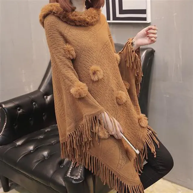 Loose Outer Wear Fur Collar Bat Shirt With Hand woven Tassels Yellow - Shop at LoveMi