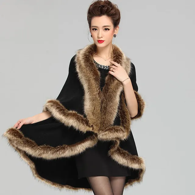 Faux Fur Collar Knitted Shawl Coat Mid length Black - Shop at LoveMi