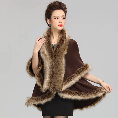 Faux Fur Collar Knitted Shawl Coat Mid length Coffe - Shop at LoveMi