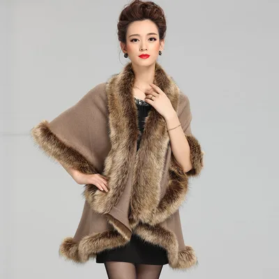 Faux Fur Collar Knitted Shawl Coat Mid length Khaki - Shop at LoveMi