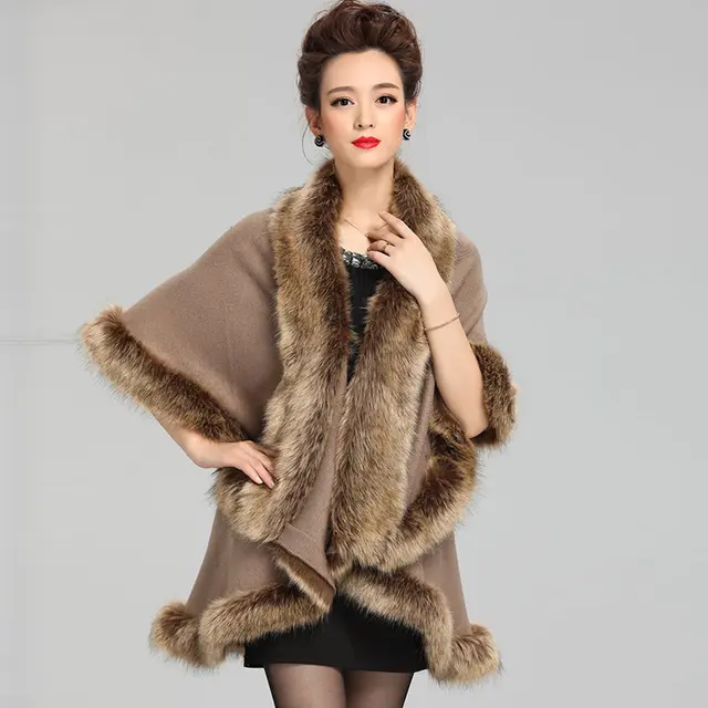 Faux Fur Collar Knitted Shawl Coat Mid length Khaki - Shop at LoveMi