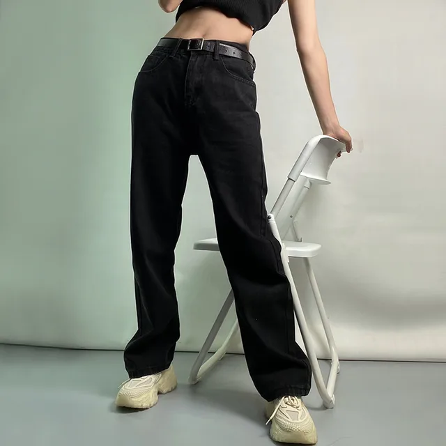 High Waist Straight Leg Jeans Women Pure Black Casual Black - Shop at LoveMi