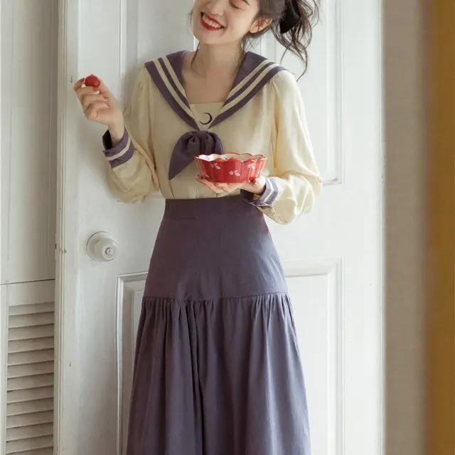 Two piece College Style Navy Collar Shirt Photo Color - Shop at LoveMi