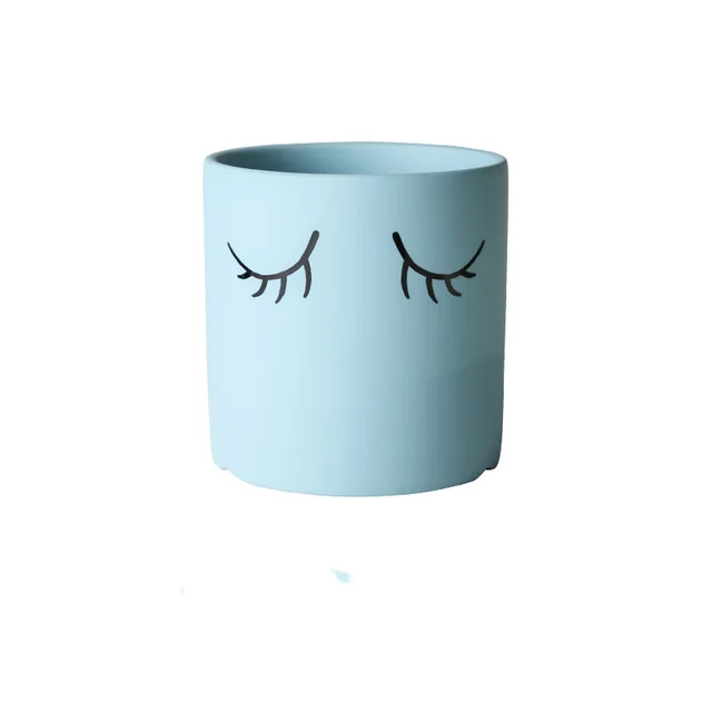 Ceramic Abstract Eyelashes Round Flower Pot Indoor Cactus Succulent Art Flower Pot Lake Blue - Shop at LoveMi