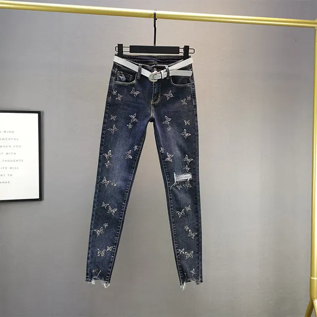 High Waist Slim Slimming Butterfly Hot Rhinestone Cotton Elastic Feet Pencil Pants Blue - Shop at LoveMi