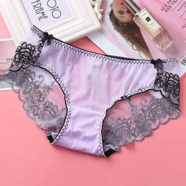 Low rise Embroidered Lace Panties And Mesh Briefs Light Purple - Shop at LoveMi