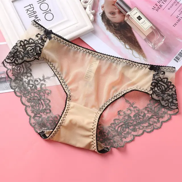 Low rise Embroidered Lace Panties And Mesh Briefs Skin Color - Shop at LoveMi