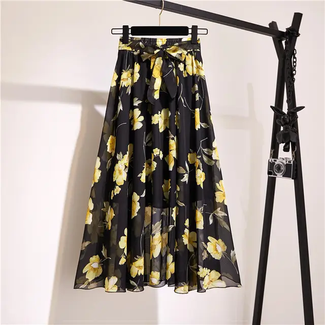 Printed Chiffon Large Skirt Mid length Floral Bohemian - Shop at LoveMi