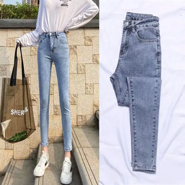 Light colored Jeans Women's High waisted Slim fitting Stretchy Tight fitting Feet Nine point Pencil Blue - Shop at LoveMi