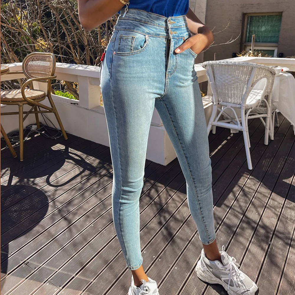 Hip-lifting Tight-fitting Denim Women's Slim And Tall Buttocks Elastic Nine-point Pencil Pants - Light Blue