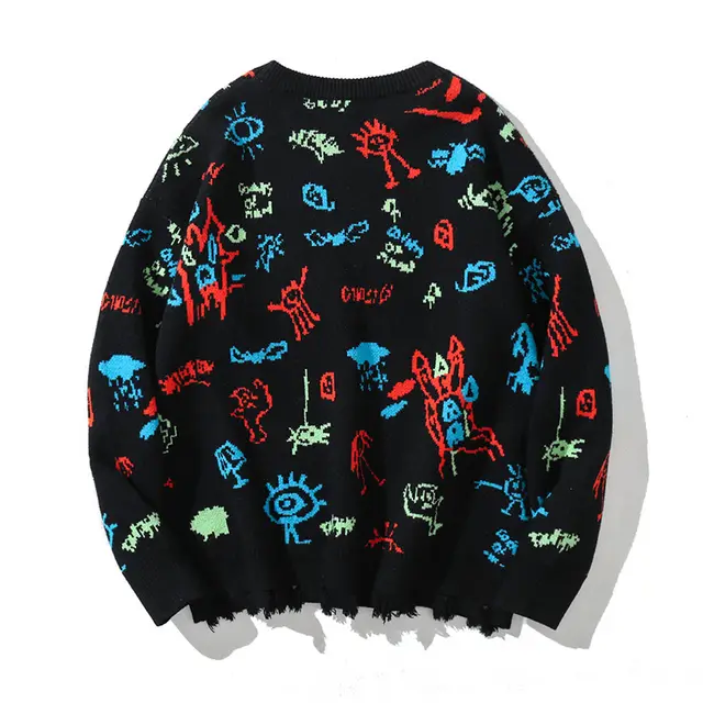 Lovers Long Sleeve Sweater Loose Round Neck Pullover Thicken Black - Shop at LoveMi
