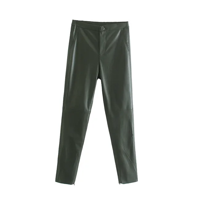 PU Leggings Small Straight Leg Hem Zipper Decoration Solid Color Green - Shop at LoveMi