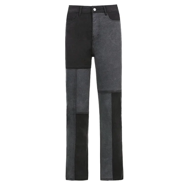 Asymmetric Stitching Contrast Color High waist Pocket Washed Jeans Black - Shop at LoveMi