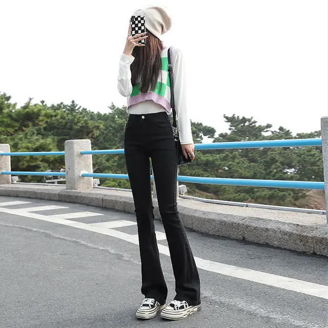Flared Jeans Women Show Thin High Waist Stretch Black - Shop at LoveMi