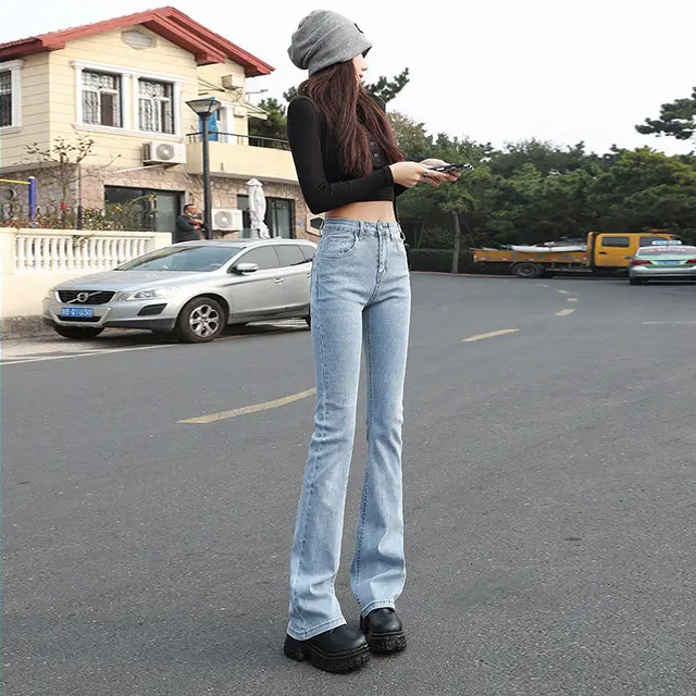 Flared Jeans Women Show Thin High Waist Stretch Light Blue - Shop at LoveMi