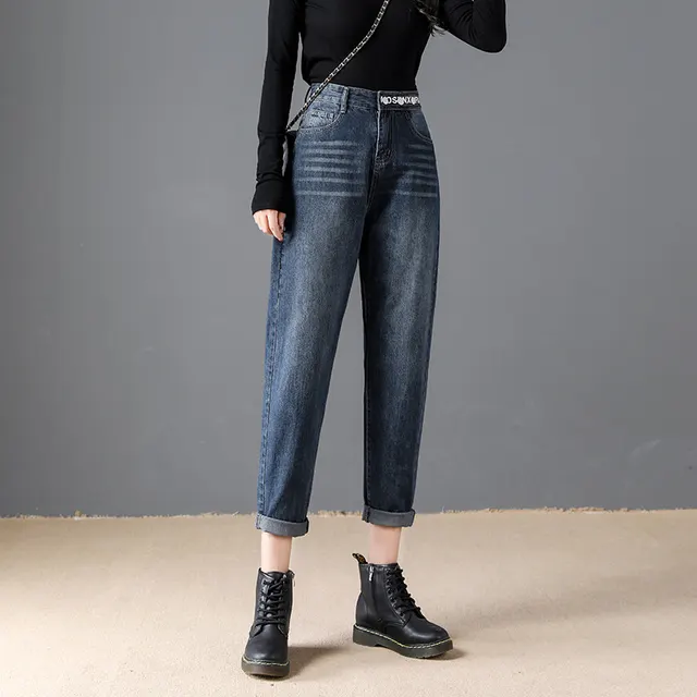 Women's Solid Color High rise Harem Cropped Jeans Blue Grey - Shop at LoveMi