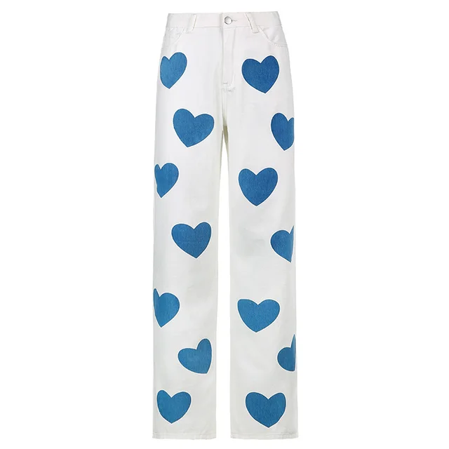 Love Print Contrast Color High rise Straight leg Jeans Casual White - Shop at LoveMi