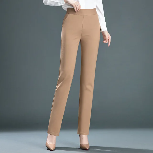 Elastic Waist Middle aged Mother's Small Straight leg Pants Camel - Shop at LoveMi