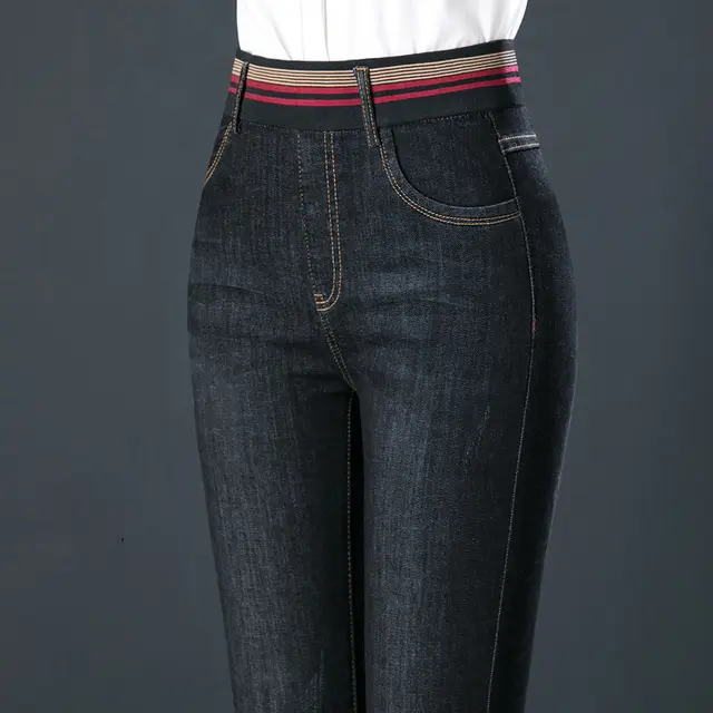 Elastic Waist Autumn And Winter Plus Velvet Padded Jeans Black Without Velvet - Shop at LoveMi
