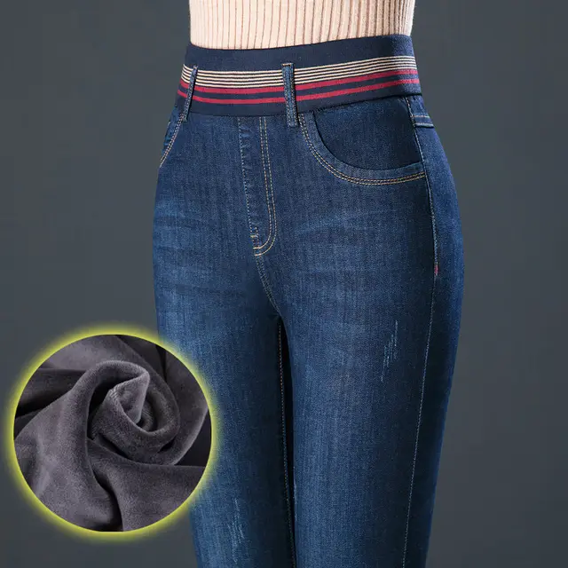 Elastic Waist Autumn And Winter Plus Velvet Padded Jeans Blueadd Velvet - Shop at LoveMi