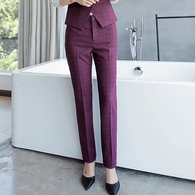 Plaid Straight Work Formal Wear High Waist Loose Wide Legs Wine Red - Shop at LoveMi