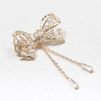 Inlaid Bowknot Tassel Temperament Simple Women's Corsage Brooch Gold - Shop at LoveMi