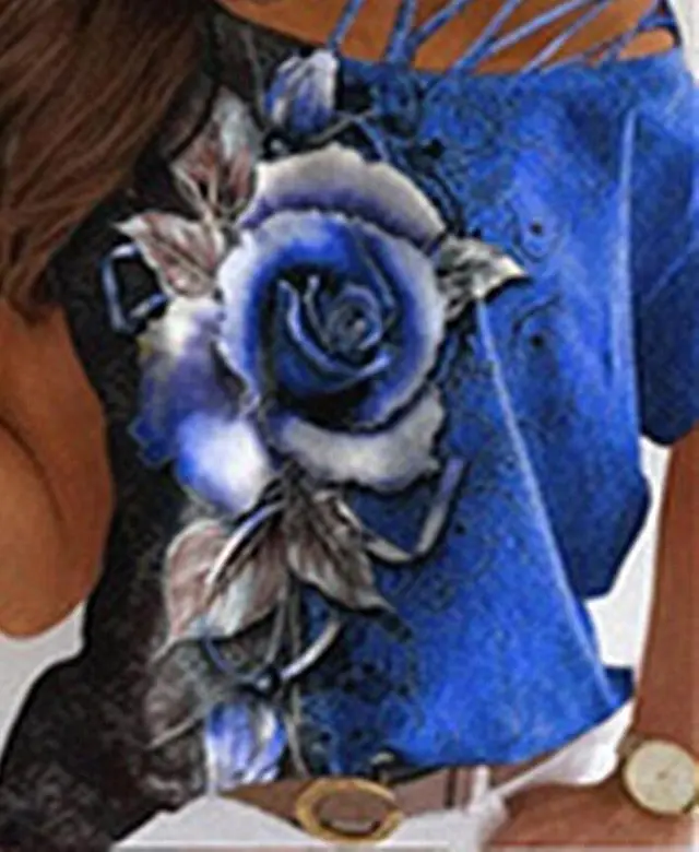 Rose Print Loose Oblique Collar Casual T shirt Blue - Shop at LoveMi